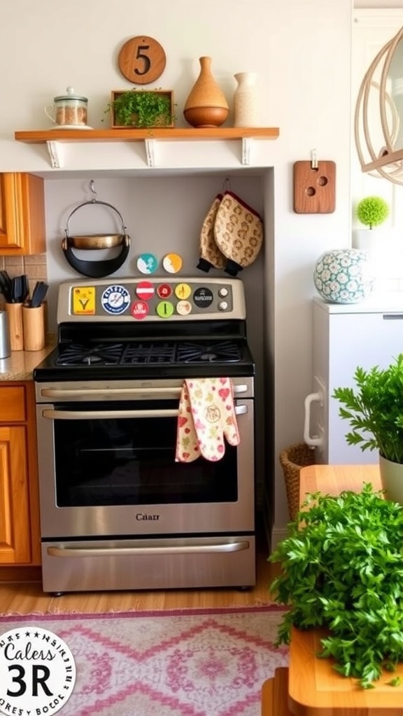 A stylish kitchen with a decorated oven featuring colorful magnets and custom mitts.